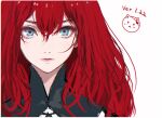  1girl black_shirt blue_eyes commentary d.k doodle_inset hair_between_eyes lips long_hair looking_at_viewer nier nier_(series) popola portrait redhead shirt simple_background solo straight-on white_background 