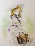  1girl blonde_hair closed_eyes commentary_request dress facing_viewer hand_up hat highres holding holding_suitcase kaigen_1025 louise_(touhou) low_twintails medium_hair painting_(medium) parted_bangs parted_lips purple_sash sash short_sleeves solo suitcase touhou touhou_(pc-98) traditional_media twintails watercolor_(medium) white_dress white_headwear 