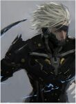  1boy blindfold chin_guard commentary cyborg d.k electricity floating_hair katana looking_ahead male_focus mechanical_parts metal_gear_(series) metal_gear_rising:_revengeance one_eye_covered raiden_(metal_gear) short_hair shoulder_pads solo sword symbol-only_commentary upper_body weapon white_hair 