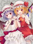  2girls absurdres ascot bat_wings black_bow blonde_hair bloomers blue_hair bow crystal_wings flandre_scarlet flat_chest frilled_wrist_cuffs hat highres hiragana_sherry holding_hands light_blush looking_at_viewer mob_cap multiple_girls open_mouth red_bow red_eyes red_shirt red_skirt remilia_scarlet shirt short_hair short_sleeves skirt smile teeth touhou upper_teeth_only v white_headwear white_shirt white_skirt wings yellow_ascot 
