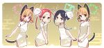  4girls animal_ear_headphones animal_ears aris_(blue_archive) black_hair blonde_hair blue_archive blue_bow blue_eyes blush bow braid cat_tail china_dress chinese_clothes closed_mouth dress fake_animal_ears game_development_department_(blue_archive) green_halo grey_eyes hair_bow halo headphones highres long_hair midori_(blue_archive) momoi_(blue_archive) multiple_girls open_mouth orange_halo pink_halo red_bow red_eyes redhead short_hair short_sleeves single_braid smile tail white_dress yoru_nai yuzu_(blue_archive) 