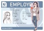  1girl black_eyes black_hair blue_pants breasts brown_coat butter_spoon coat commentary cup earrings english_commentary english_text glasses highres holding holding_cup id_card jewelry katherine_(olverse) lanyard large_breasts long_hair mug olverse original pants parted_lips shirt smile white_shirt 
