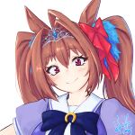  1girl animal_ears artist_name bow bowtie brown_hair closed_mouth commentary daiwa_scarlet_(umamusume) hair_bow hair_intakes highres hori_shin horse_ears horse_girl horseshoe_ornament long_hair looking_at_viewer portrait puffy_short_sleeves puffy_sleeves purple_bow purple_bowtie purple_shirt red_bow sailor_collar school_uniform serafuku shirt short_sleeves signature smile solo tiara tracen_school_uniform twintails umamusume violet_eyes white_sailor_collar 