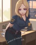  1girl arms_behind_back belt_pouch bent_over blonde_hair breasts butter_spoon commentary commission desk english_commentary hair_behind_ear highres medium_breasts medium_hair original paper pencil plant pointy_ears police police_uniform policewoman poster_(object) pouch signature smile solo thigh_gap uniform violet_eyes watermark window 