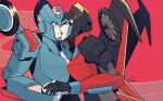  1girl android blue_eyes breasts brush_(brush2h) chromia colored_skin commentary commission english_commentary helmet highres holding_hands humanoid_robot kiss mechanical_wings medium_breasts red_lips robot robot_girl transformers windblade wings yuri 