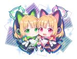  2girls animal_ear_headphones animal_ears black_footwear black_skirt black_thighhighs blonde_hair blue_archive blue_bow blush bow cat_tail closed_mouth fake_animal_ears full_body green_eyes green_halo hair_bow halo headphones highres jacket kaoling long_sleeves midori_(blue_archive) momoi_(blue_archive) multiple_girls open_mouth pink_footwear pink_halo pleated_skirt red_bow red_eyes shoes short_hair siblings sisters skirt smile tail thigh-highs twins white_jacket 