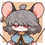  1girl :&lt; animal_ears blue_capelet blush bright_pupils capelet clenched_hand clenched_hands collar diamond_(shape) dowsing_rod dress grey_dress grey_fur grey_hair hair_between_eyes holding holding_rod jewelry layered_clothes layered_dress long_sleeves medium_hair mouse mouse_ears mouse_girl nazrin necklace pendant pendulum red_eyes rhombus_background rod touhou two-tone_background white_background white_pupils white_sleeves yellow_background zunusama 
