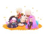  2girls 3boys archer_(fate) beard bedivere_(fate) beret black_dress book braid chibi dress facial_hair fate/grand_order fate_(series) forehead_tattoo glasses grey_hair hat hmr_alter7 long_hair medusa_(fate) medusa_(rider)_(fate) multiple_boys multiple_girls nursery_rhyme_(fate) open_book petals ptolemy_(fate) purple_hair reading smile twin_braids twitter_username 