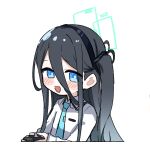  1girl absurdly_long_hair absurdres aris_(blue_archive) black_hair black_hairband blue_archive blue_eyes blue_necktie blush collared_shirt commentary_request controller fami_miminmin game_controller green_halo hairband halo highres holding holding_controller holding_game_controller long_hair long_sleeves looking_at_viewer necktie one_side_up open_mouth ringed_eyes shirt simple_background smile solo very_long_hair white_background white_shirt 