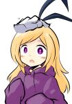  1girl akagami_(feat_akagami) blonde_hair blush bow_hairband bright_pupils disembodied_limb drawstring hairband headpat hood hood_down hoodie long_hair long_sleeves monster_strike open_mouth pandora_(monster_strike) purple_hoodie simple_background sleeves_past_wrists solo_focus upper_body violet_eyes white_background white_pupils 