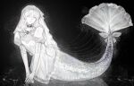  1boy black_background black_gemstone bridal_veil bride_mermaid_(cindymeimezu) cindymeimezu collar colored_skin crossdressing dress earrings english_commentary fins frilled_collar frills full_body grey_scales highres jewelry lace_trim long_hair looking_at_viewer male_focus merman metal_collar monster_boy open_mouth original otoko_no_ko puffy_short_sleeves puffy_sleeves short_sleeves simple_background solo veil veins webbed_hands white_dress white_eyes white_hair white_scales white_skin 