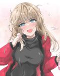  1girl black_sweater blonde_hair blue_eyes breasts double_bun fang gakky hair_bun highres kantai_collection long_hair medium_breasts one-hour_drawing_challenge open_clothes ranger_(kancolle) red_happi skin_fang solo sweater upper_body 