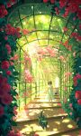  1girl black_cat brown_eyes brown_hair cat dappled_sunlight dress flower full_body hallway highres huhv. leaf medium_hair nature original red_flower red_rose rose scenery shadow signature solo stairs standing sunlight white_dress 