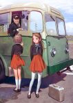  1boy 2girls animal_ears black_shirt briefcase brown_eyes brown_hair bus cat_ears loafers long_hair motor_vehicle multiple_girls murata_range red_skirt ribbon school_uniform shirt shoes short_hair skirt socks thigh-highs thighs uniform 