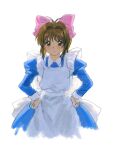  1girl annoyed blue_dress bow brown_hair cardcaptor_sakura child dress green_eyes hair_bow highres kinomoto_sakura ling5707 pink_bow short_hair simple_background solo 