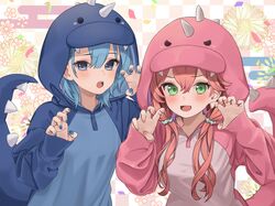  2girls absurdres animal_hood blue_eyes blue_hair blue_hoodie blue_nails claw_pose commentary_request cosplay egasumi flower green_eyes hanazawa_ma highres hololive hood hoodie hoshimachi_suisei kigurumi long_hair multicolored_background multiple_girls nail_polish pink_hair pink_hoodie pink_nails sakura_miko short_hair sidelocks spikes upper_body virtual_youtuber 