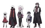  122pxsheol 2girls 3boys amii_eckaran apocalypse_(happy_saint_sheol) black_coat black_hair coat crossed_out erzsebet_alternata evelynn_violeta frown gregor_cornish halo hand_on_own_hip happy_saint_sheol multiple_boys multiple_girls official_art priest red_skirt reference_sheet skirt smile standing white_background white_hair 