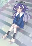  1girl black_socks blue_archive blue_dress blush dress full_body halo highres kurape_(pat1na) long_hair long_sleeves looking_at_viewer mechanical_halo open_mouth purple_hair shoes sitting sitting_on_stairs socks solo stairs two_side_up violet_eyes white_footwear yuuka_(blue_archive) 