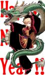  1girl absurdres arms_up black_dress blonde_hair chinese_clothes dragon dress eastern_dragon happy_new_year highres junko_(touhou) kikoka_(mizuumi) leg_up long_hair long_sleeves phoenix_crown red_eyes red_tabard tabard touhou white_background wide_sleeves 