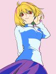  1girl arcueid_brunestud blonde_hair blood blood_stain from_below looking_at_viewer metarogu pink_background purple_skirt red_eyes short_hair skirt smile solo sweater tsukihime upper_body white_sweater 