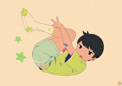  1boy bandaid bandaid_on_arm black_eyes black_hair looking_at_viewer male_focus noeyebrow_(mauve) open_mouth original shirt short_hair shorts simple_background socks solo 