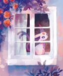  absurdres colored_sclera curtains espeon forehead_jewel highres looking_at_viewer nashiro_o77o no_humans pokemon pokemon_(creature) purple_fur solo violet_eyes window 