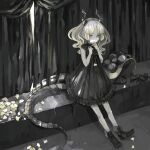  1girl autumn_leaves black_bow black_dress black_footwear blonde_hair bow dragon_girl dragon_horns dragon_tail dress horns medium_hair mugikum0 original sitting sleeveless sleeveless_dress solo tail unworn_headwear yellow_eyes 