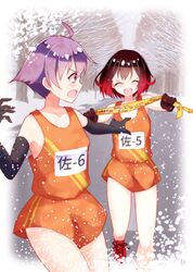  2girls black_gloves brown_hair closed_eyes elbow_gloves gloves gradient_hair highres kantai_collection master_(momitai7) multicolored_hair multiple_girls mutsuki_(kancolle) orange_shorts orange_tank_top purple_hair redhead running sakawa_(kancolle) short_hair shorts tank_top violet_eyes 