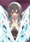  1girl 1oon_s angel_wings aoi_erika aqua_eyes breasts brown_hair brown_vest commentary heaven_burns_red highres looking_at_viewer medium_breasts medium_hair open_mouth purple_background shirt solo teeth upper_body upper_teeth_only v-shaped_eyebrows vest white_shirt white_wings wings 