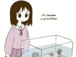  1girl as_shrimple_as_that_(meme) azumanga_daioh azumanga_daioh&#039;s_school_uniform brown_eyes brown_hair closed_mouth cowboy_shot english_text fish_tank kasuga_ayumu meme orenji_(wholesomeorenji) pink_shirt pun school_uniform serafuku shirt shrimp solo standing 