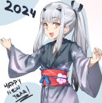  1girl blush breasts das_(dan_dan) fate/grand_order fate_(series) forked_eyebrows gradient_hair grey_hair grey_kimono highres japanese_clothes kimono long_hair long_sleeves looking_at_viewer melusine_(fate) multicolored_hair obi open_mouth ponytail sash sidelocks small_breasts smile solo white_hair wide_sleeves yellow_eyes 