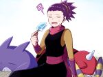  1girl ariados black_shirt closed_eyes crobat facing_viewer food holding holding_food holding_popsicle janine_(pokemon) kokuseki50 pokemon pokemon_(creature) popsicle purple_hair shirt simple_background sitting spoken_squiggle squiggle sweatdrop white_background 