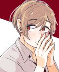  1boy blush brown_hair fu_02leo grey_shirt hands_up harunaga_satsuki highres looking_to_the_side male_focus medium_hair overtake! own_hands_together red_background red_eyes shirt simple_background solo two-tone_background upper_body 