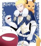  1boy animal_on_shoulder belt blonde_hair blue_background blue_eyes blue_pants elbow_gloves electrode_(pokemon) fur_trim gloves highres holding holding_poke_ball kokuseki50 male_focus pants poke_ball pokemon pokemon_(creature) raichu smile spiky_hair surge_(pokemon) white_gloves 