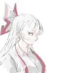  1girl bow fujiwara_no_mokou hair_bow highres isagi long_hair multiple_girls red_eyes shirt simple_background solo suspenders touhou upper_body white_background white_hair 