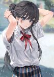  1girl adjusting_hair arms_up black_hair blue_eyes blurry blurry_background closed_mouth collared_shirt cowboy_shot hair_bun long_hair looking_at_viewer neck_ribbon plaid plaid_skirt pleated_skirt ponkan_8 red_ribbon ribbon school_uniform shirt shirt_tucked_in skirt sobu_high_school_uniform solo third-party_source white_shirt yahari_ore_no_seishun_lovecome_wa_machigatteiru. yukinoshita_yukino 