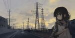  1girl absurdres black_hair clouds dim_lighting eliot_(eokaitekaite969) evening highres original power_lines road scenery sky solo transmission_tower yellow_sky 