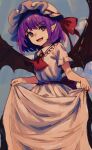  1girl bat_wings bow clothes_lift clouds cloudy_sky commentary dress dress_lift fingernails frilled_hat frills hat hat_bow highres irumina777 jewelry looking_at_viewer mob_cap open_mouth outdoors pendant puffy_short_sleeves puffy_sleeves purple_hair red_bow red_eyes remilia_scarlet ribbon-trimmed_headwear ribbon_trim shirt short_hair short_sleeves sky touhou white_dress white_headwear wings 