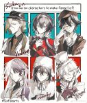  1girl 5boys absurdres black_hair black_headwear blonde_hair blue_eyes braid bungou_stray_dogs character_name character_request chinese_commentary commentary_request copyright_request cui_(jidanhaidaitang) glasses hair_between_eyes hairband hat highres long_hair multiple_boys multiple_drawing_challenge six_fanarts_challenge top_hat upper_body white_background white_hairband 