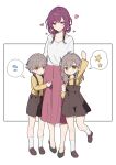  1boy 2girls :&lt; aged_down alternate_costume anaketsu blush caelus_(honkai:_star_rail) commentary_request grey_hair heart high_heels highres honkai:_star_rail honkai_(series) hug kafka_(honkai:_star_rail) long_skirt motherly multiple_girls purple_hair shoes shorts skirt smile spoken_star spoken_sweatdrop star_(symbol) stelle_(honkai:_star_rail) suspenders sweatdrop trailblazer_(honkai:_star_rail) 