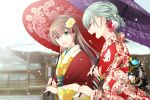  2girls alternate_costume alternate_hairstyle aqua_hair braid braided_bun brown_hair floral_print flower hair_bun hair_flower hair_ornament japanese_clothes kantai_collection kimono kumano_(kancolle) long_hair multiple_girls oil-paper_umbrella ponytail red_kimono snow teramoto_kaoru umbrella upper_body yellow_kimono 