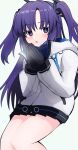  1girl black_halo blue_archive blue_eyes cold halo highres jacket long_hair long_sleeves looking_at_viewer solo thighs two_side_up violet_eyes white_jacket yun_(kbdenz9) yuuka_(blue_archive) 