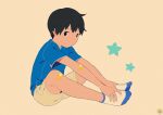  1boy bandaid bandaid_on_arm bandaid_on_knee bandaid_on_leg black_eyes black_hair full_body looking_at_viewer male_focus noeyebrow_(mauve) original shirt short_hair shorts simple_background sitting socks solo 