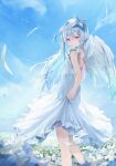  1girl absurdres alternate_costume amane_kanata angel angel_wings blue_sky commentary_request dress enokinoko1010 field flower flower_field hair_ornament hairpin halo highres hololive long_hair looking_at_viewer sky smile solo star_halo violet_eyes virtual_youtuber white_dress white_flower wings 