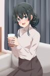  1girl :d black_hair blue_eyes blush brown_skirt couch cup curtains dars_(recolors) drink drinking_glass hair_bun highres holding holding_cup holding_drink ice ice_cube iced_tea indoors long_hair long_sleeves looking_at_viewer open_mouth shirt sidelocks single_hair_bun sitting skirt smile solo turtleneck white_shirt yahari_ore_no_seishun_lovecome_wa_machigatteiru. yukinoshita_yukino 