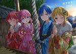  2024 4girls ahoge architecture blonde_hair blue_eyes blue_gloves blue_hair blue_kimono blush bocchi_the_rock! box closed_eyes closed_mouth detached_ahoge donation_box east_asian_architecture floral_print floral_print_kimono flower fur-trimmed_kimono fur_trim gloves gotoh_hitori green_eyes hair_bun hair_flower hair_ornament happy_new_year hatsumoude highres horizon ijichi_nijika japanese_clothes kikugawa_roku kimono kita_ikuyo long_sleeves looking_at_viewer multiple_girls obi one_eye_closed open_mouth outdoors own_hands_together pink_hair pink_kimono praying red_eyes red_kimono redhead sash short_hair_with_long_locks shrine shrine_bell sky sun sunset wide_sleeves yamada_ryo yellow_kimono 