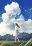  1girl black_hair blue_sky closed_eyes clouds dress from_side full_body grass harucoro25 hat highres medium_hair nature original paid_reward_available sandals scenery sky solo standing sun_hat white_dress 