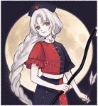 1girl arrow arrow_(projectile) blue_dress blue_headwear bow_(weapon) braid commentary constellation_print cowboy_shot cross dress frilled_sleeves frills full_moon grey_eyes grin hat holding holding_arrow holding_bow_(weapon) huge_moon long_hair looking_at_viewer moon night nurse_cap parted_bangs red_cross red_dress single_braid smile solo symbol-only_commentary touhou two-tone_dress very_long_hair white_hair yagokoro_eirin yujup