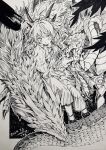  1girl 2024 amezawa_koma art_tools_in_frame blush commentary dragon dragon_girl dragon_horns dress greyscale highres horns long_hair looking_at_viewer monochrome nib_pen_(medium) open_mouth original photo_(medium) pointy_ears scales traditional_media wavy_hair 