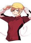  1boy absurdres adjusting_clothes adjusting_headwear arms_up blush brown_hair fu_02leo harunaga_satsuki heart highres jacket long_sleeves male_focus open_mouth overtake! red_jacket simple_background solo standing white_background yellow_headwear 